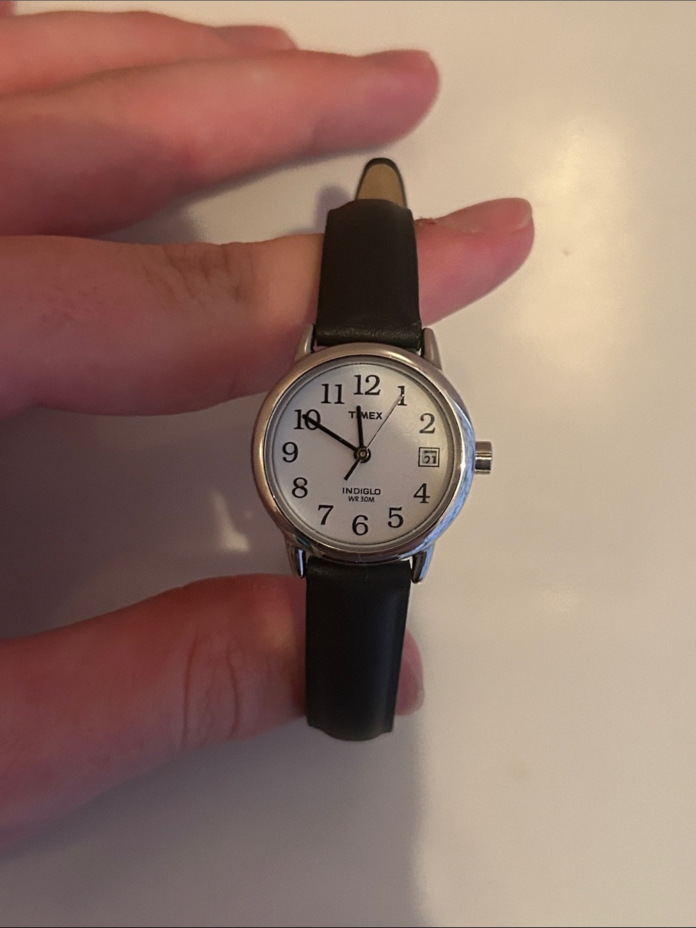 Timex Silver Case White Dial Watch with Black Leather Strap